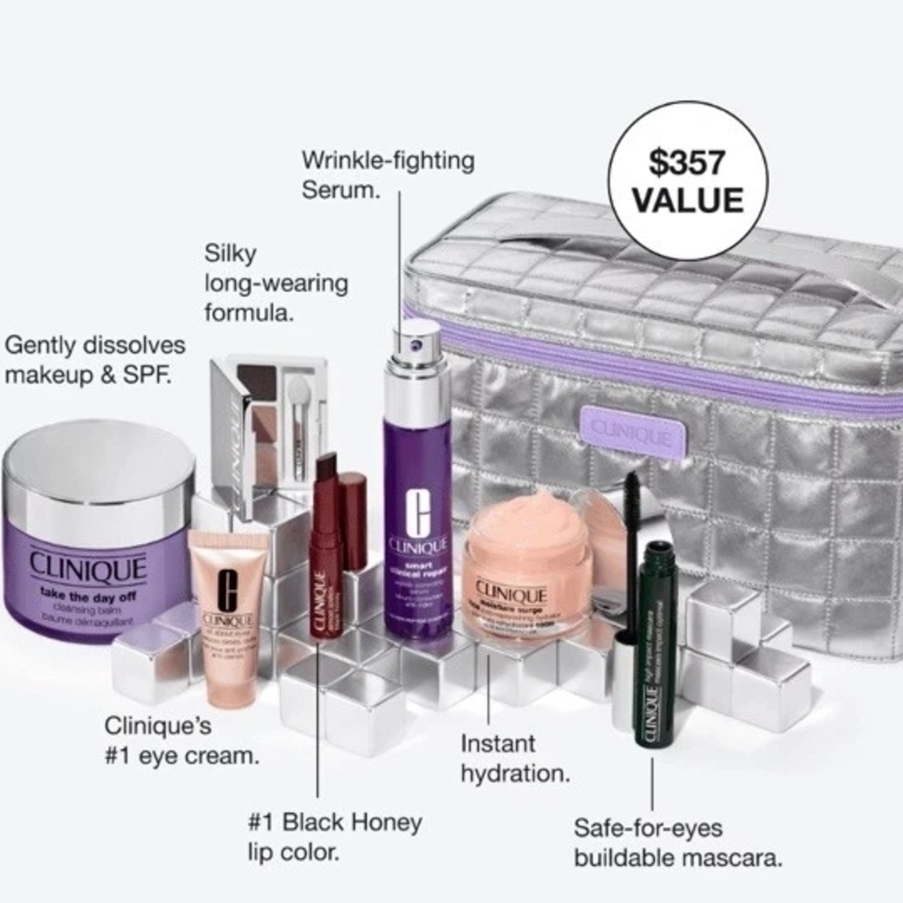 Clinique Makeup Set with Silver Bag and Black Honey Lip Color